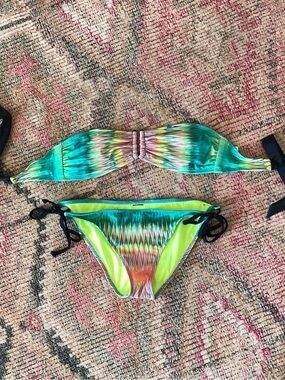 Multicolor Bandeau Tie-Side Bikini Set - Neon Green & Teal